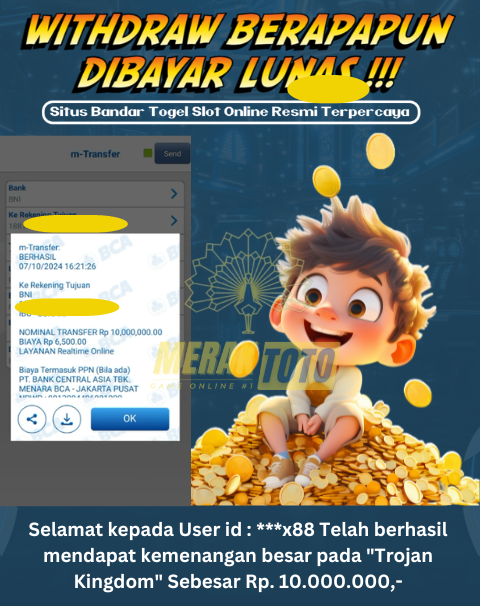 Selamat kepada User id : ***x88 Telah berhasil mendapat kemenangan besar pada Trojan Kingdom Sebesar Rp.10.000.000,-