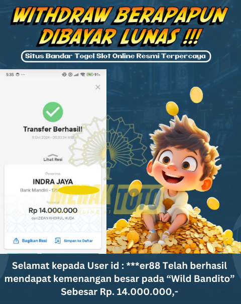 Selamat kepada User id : ***you113 Telah berhasil mendapat kemenangan besar pada Wild Bandito  Sebesar Rp. 14.000.000,-