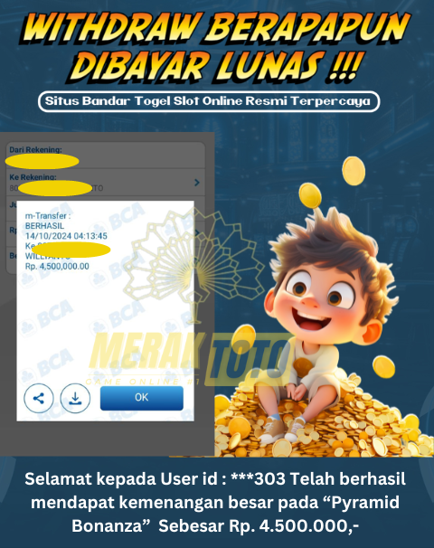 Selamat kepada User id : ***303 Telah berhasil mendapat kemenangan besar pada “Pyramid Bonanza”  Sebesar Rp. 4.500.000,-