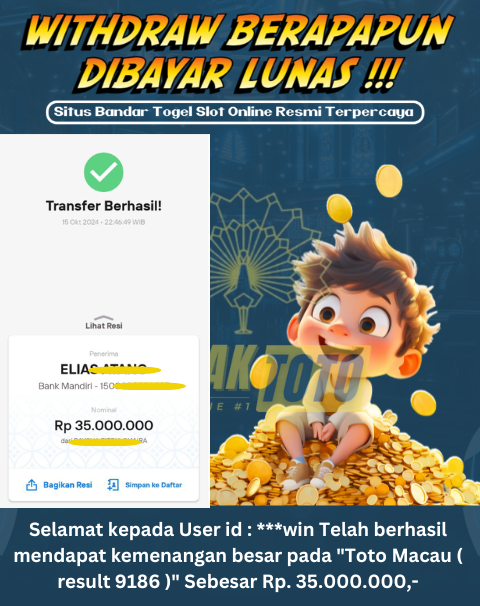 Selamat kepada User id : ***win Telah berhasil mendapat kemenangan besar pada Toto Macau ( result 9186 ) Sebesar Rp. 35.000.000,-