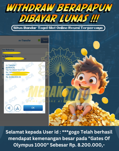 Selamat kepada User id : ***gogo Telah berhasil mendapat kemenangan besar pada Gates Of Olympus 1000 Sebesar Rp. 8.200.000,-