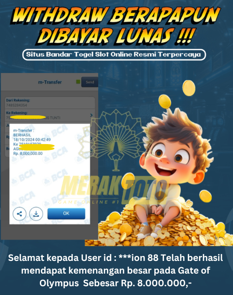 Selamat kepada User id : ***ion 88 Telah berhasil mendapat kemenangan besar pada Gate of Olympus  Sebesar Rp. 8.000.000,-