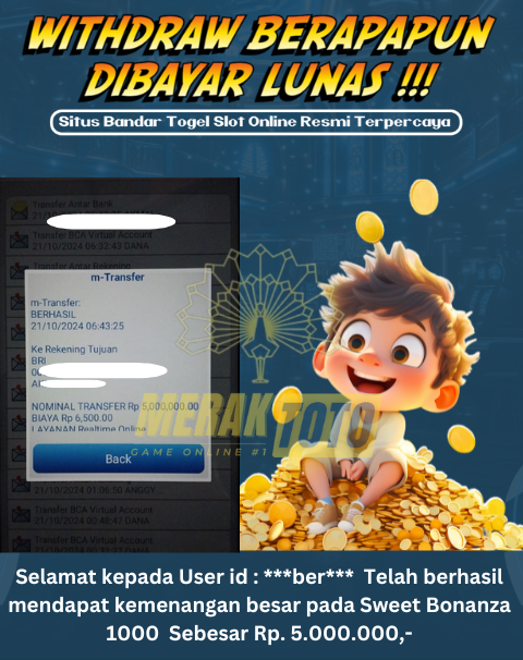 Selamat kepada User id : ***ber***  Telah berhasil mendapat kemenangan besar pada Sweet Bonanza 1000  Sebesar Rp. 5.000.000,-