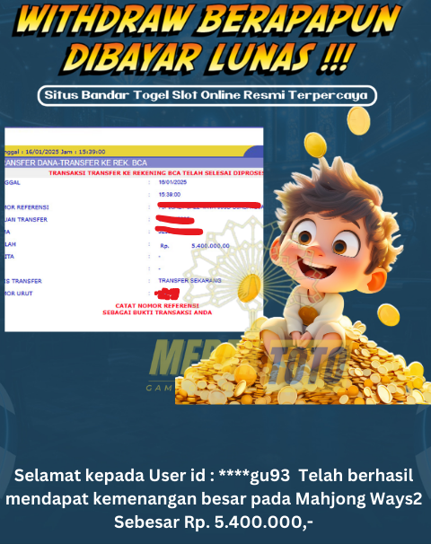 Selamat kepada User id : ****gu93  Telah berhasil mendapat kemenangan besar pada Mahjong Ways2  Sebesar Rp. 5.400.000,-