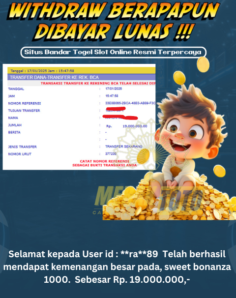 Selamat kepada User id : **ra**89  Telah berhasil mendapat kemenangan besar pada, sweet bonanza 1000.  Sebesar Rp. 19.000.000,-