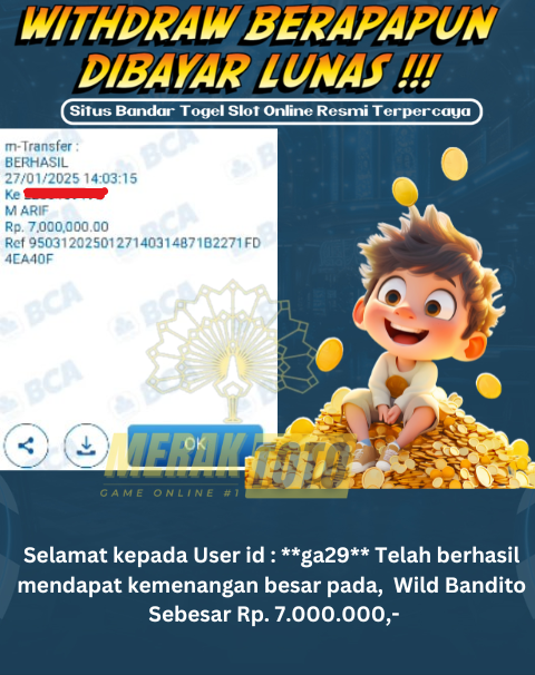 Selamat kepada User id : **ga29** Telah berhasil mendapat kemenangan besar pada,  Wild Bandito  Sebesar Rp. 7.000.000,-